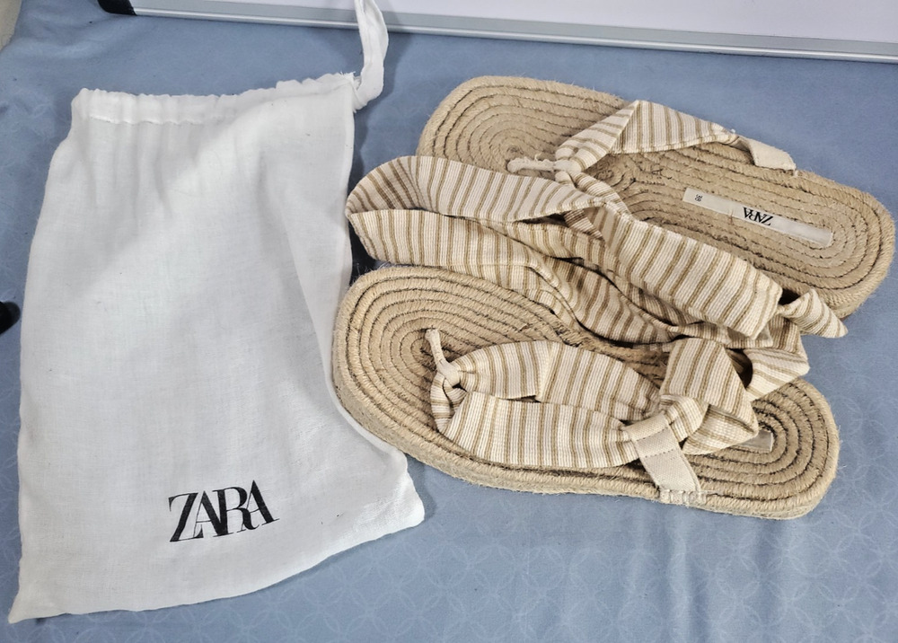 ZARA Striped Espadrille Sandals Women Size 7.5 Lace Up Ankle Tie Flat Jute Boho